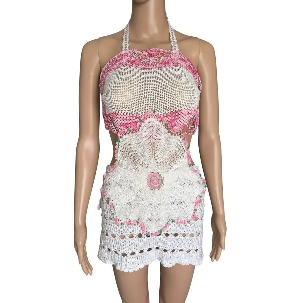 Upcycled Crochet Doily Cut Out Mini Dress Pink S Coquette Fairycore Boho Coastal